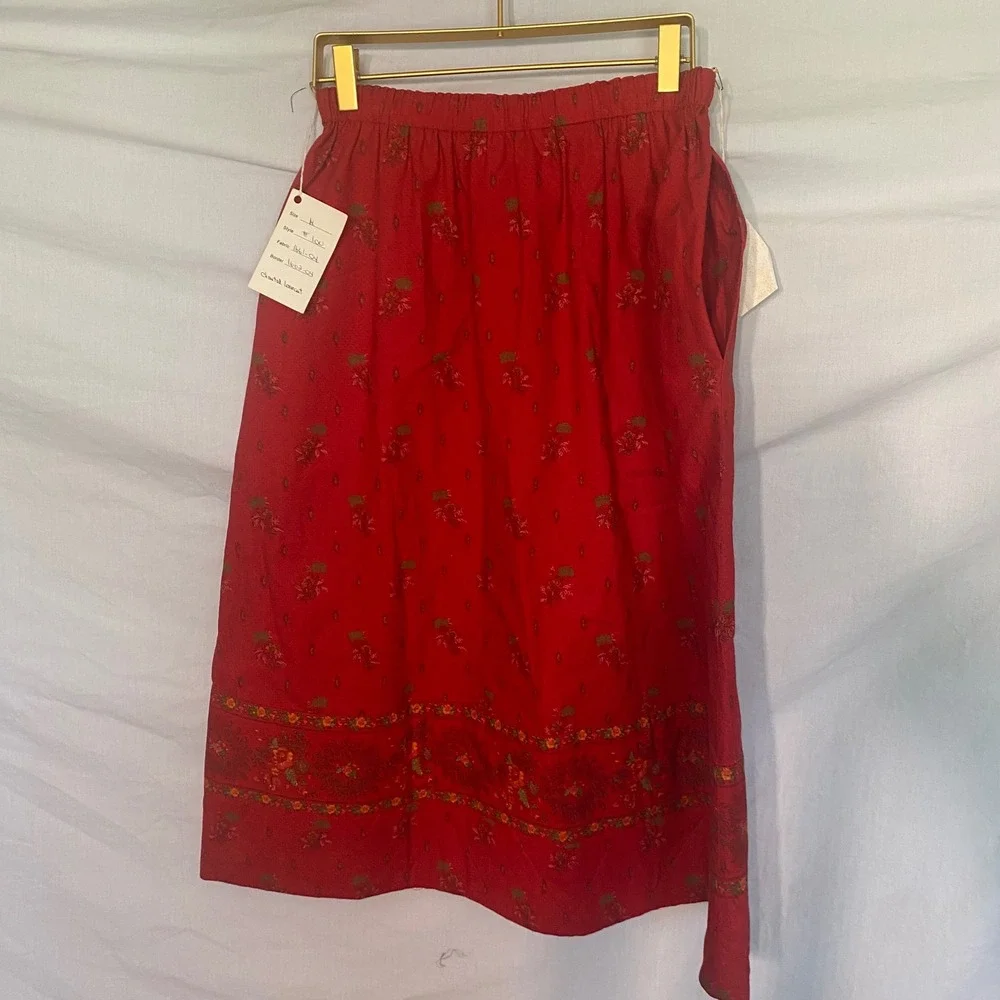 Chantal Laurent Red Floral Custom Midi Skirt Elastic Waist Pockets Womens Size M